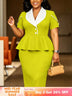 AOMEIDRESS Colorblock Business Dress Turn Down Collar Petal Sleeves - MustardGreen / L