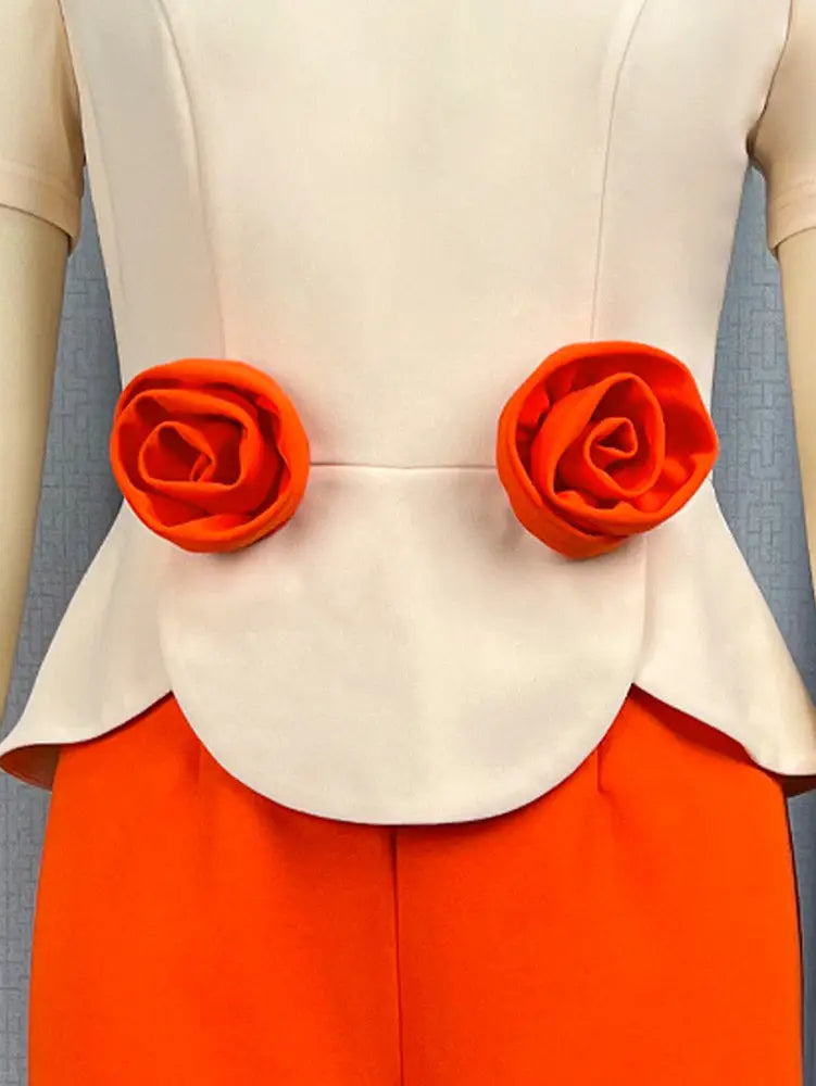 AOMEIDRESS Colorblock Jumpsuit Short Sleeve 3D Flower Wide Leg Pants