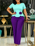 AOMEIDRESS Colorblock Jumpsuit Short Sleeve 3D Flower Wide Leg Pants - MintGreen / S