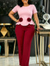 AOMEIDRESS Colorblock Jumpsuit Short Sleeve 3D Flower Wide Leg Pants - Pink / S