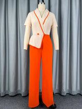 AOMEIDRESS Colorblock Jumpsuit V Neck Short Sleeve Wide Leg Pants