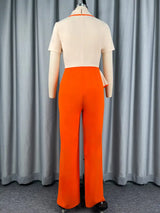 AOMEIDRESS Colorblock Jumpsuit V Neck Short Sleeve Wide Leg Pants