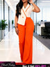 AOMEIDRESS Colorblock Jumpsuit V Neck Short Sleeve Wide Leg Pants - Apricot / S