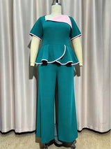 AOMEIDRESS Colorblock Jumpsuits Irregular Neck Peplum Wide Leg Pants