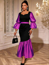 AOMEIDRESS Colorblock Mermaid Bodycon Dress Puff Sleeves Party Gowns