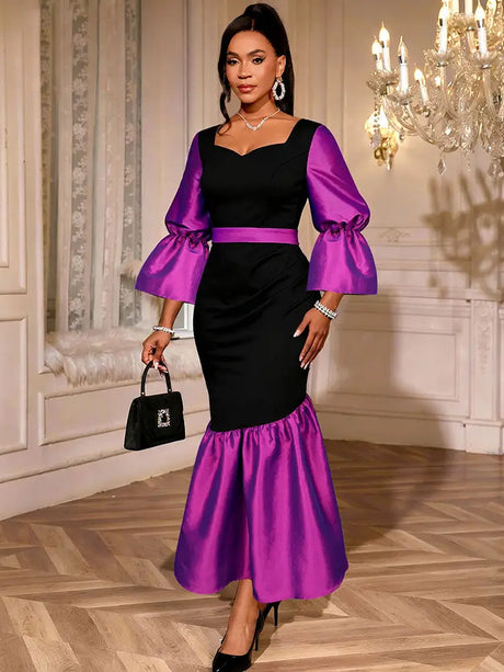 AOMEIDRESS Colorblock Mermaid Bodycon Dress Puff Sleeves Party Gowns