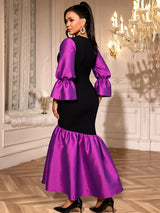 AOMEIDRESS Colorblock Mermaid Bodycon Dress Puff Sleeves Party Gowns