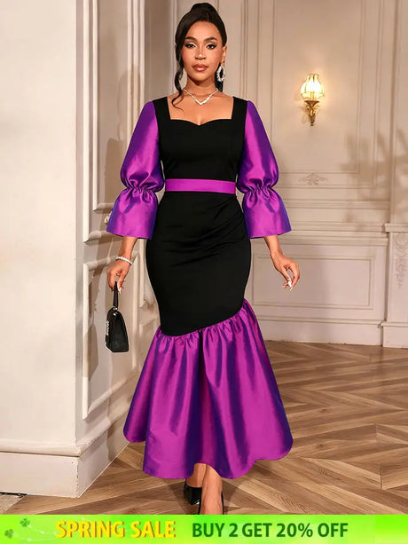 AOMEIDRESS Colorblock Mermaid Bodycon Dress Puff Sleeves Party Gowns Purple / S