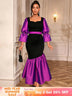 AOMEIDRESS Colorblock Mermaid Bodycon Dress Puff Sleeves Party Gowns Purple / S