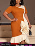 AOMEIDRESS Colorblock Mermaid Dress O Neck Short Sleeve Big 3D Flower - Brown / S