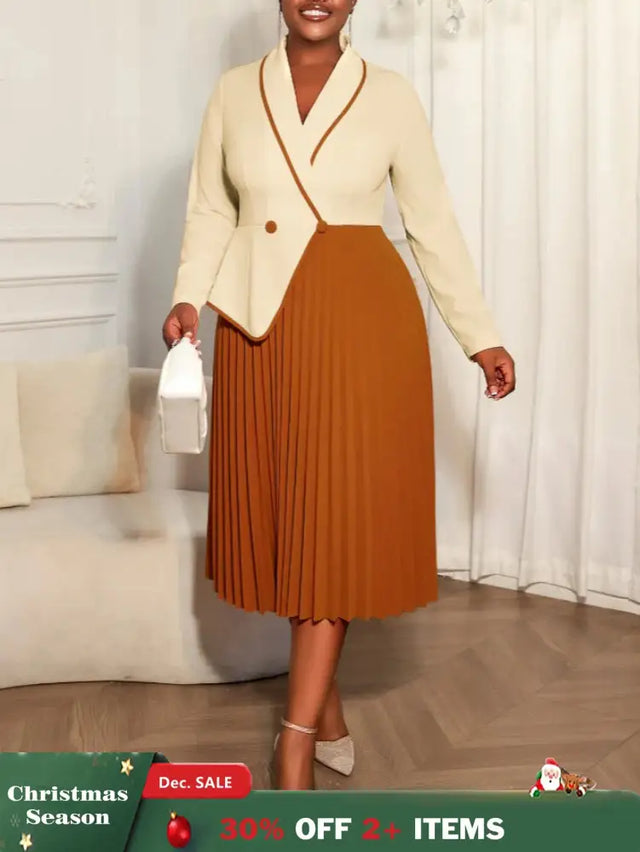 AOMEIDRESS Colorblock Pleated Dress Peplum Church Work Office Gowns