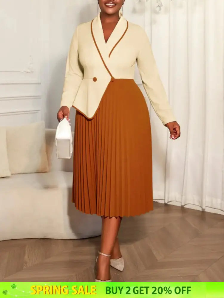 AOMEIDRESS Colorblock Pleated Dress Peplum Church Work Office Gowns