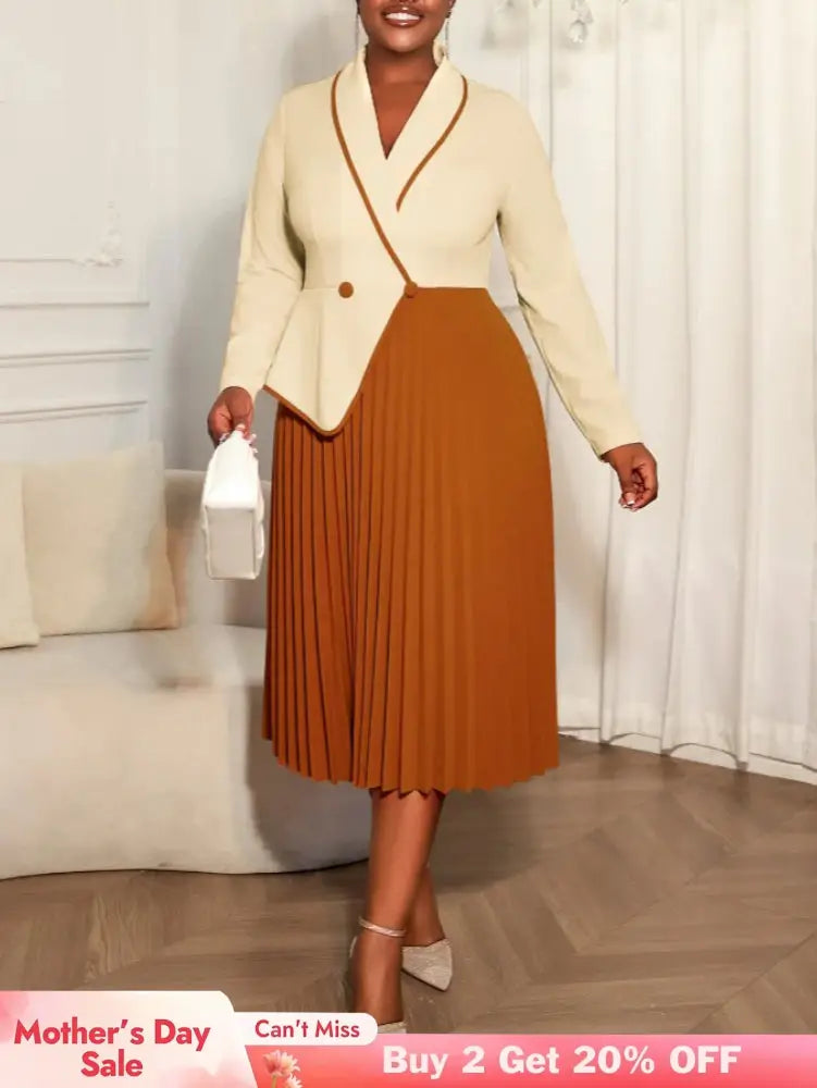 AOMEIDRESS Colorblock Pleated Dress Peplum Church Work Office Gowns