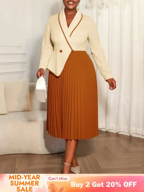 AOMEIDRESS Colorblock Pleated Dress Peplum Church Work Office Gowns