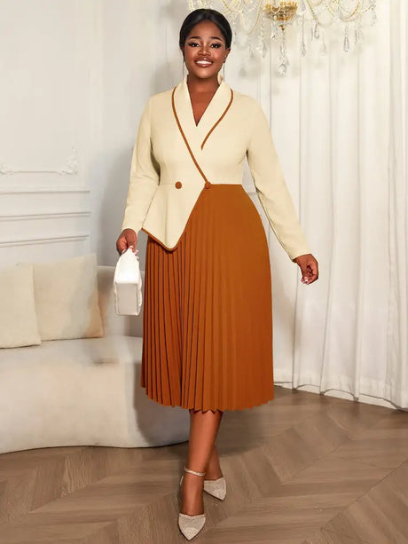 AOMEIDRESS Colorblock Pleated Dress Peplum Church Work Office Gowns Brown / L