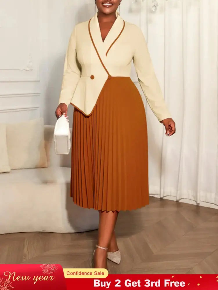 AOMEIDRESS Colorblock Pleated Dress Peplum Church Work Office Gowns