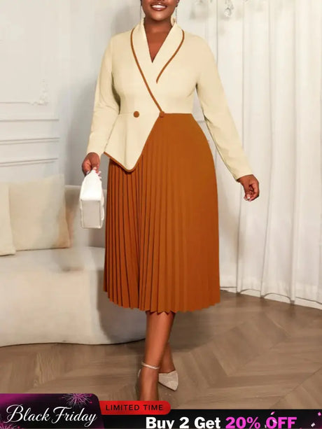 AOMEIDRESS Colorblock Pleated Dress Peplum Church Work Office Gowns