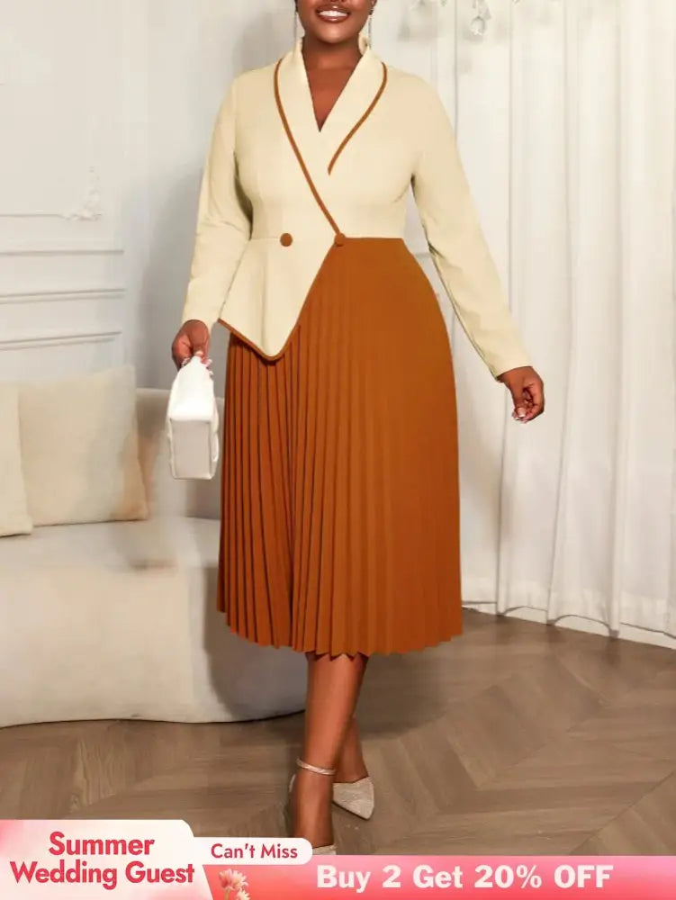 AOMEIDRESS Colorblock Pleated Dress Peplum Church Work Office Gowns