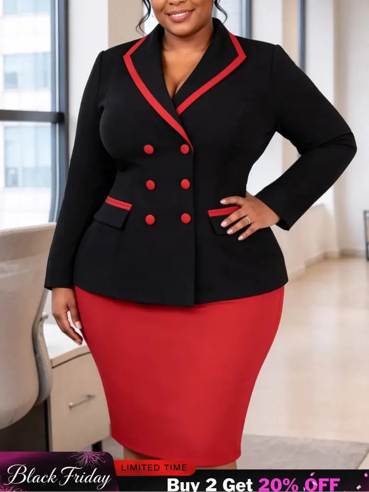AOMEIDRESS Colorblock Set Notch Lapel Long Sleeve Blazer Pencil Skirt - Black / S