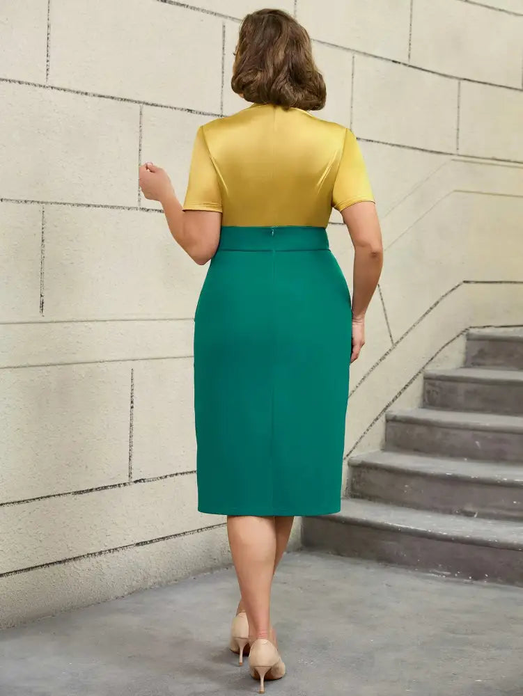 AOMEIDRESS Colorblock Short Sleeve Gold Two Piece Set for Women