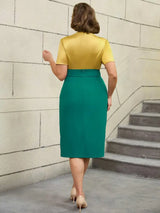 AOMEIDRESS Colorblock Short Sleeve Gold Two Piece Set for Women