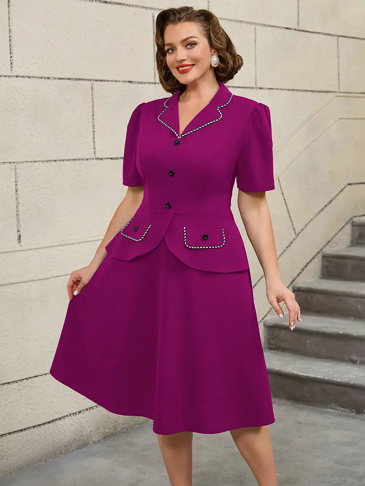 AOMEIDRESS Colorblock Trim Collar A Line Dress Short Sleeve 50s Style Navy Blue Dress Purple / S
