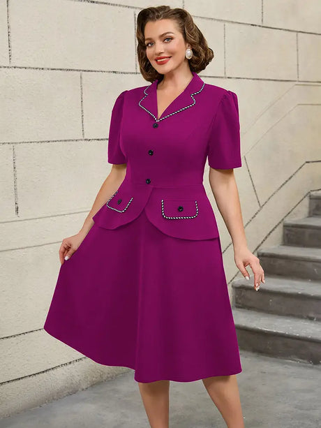 AOMEIDRESS Colorblock Trim Collar A Line Dress Short Sleeve 50s Style Navy Blue Dress Purple / S