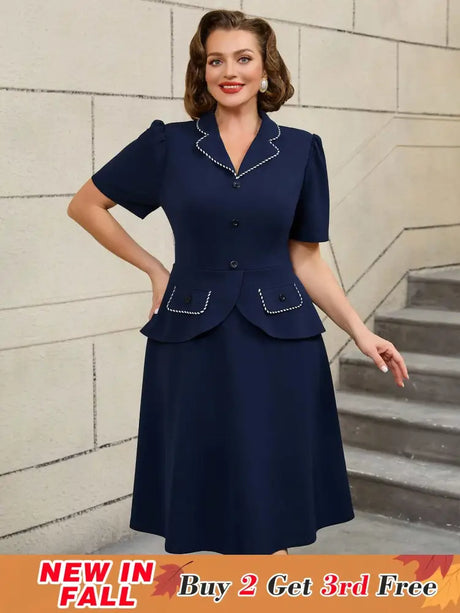 AOMEIDRESS Colorblock Trim Collar A Line Dress Short Sleeve 50s Style Navy / S