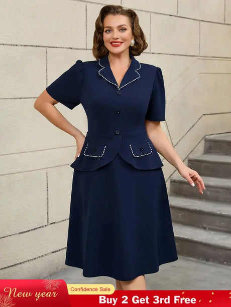 AOMEIDRESS Colorblock Trim Collar A Line Dress Short Sleeve 50s Style Navy / S