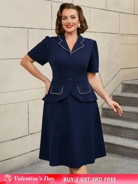 AOMEIDRESS Colorblock Trim Collar A Line Dress Short Sleeve 50s Style Navy / S