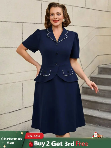 AOMEIDRESS Colorblock Trim Collar A Line Dress Short Sleeve 50s Style Navy / S