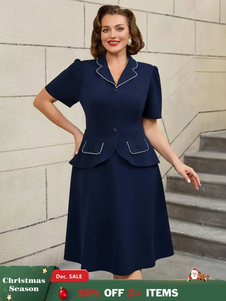 AOMEIDRESS Colorblock Trim Collar A Line Dress Short Sleeve 50s Style Navy / S