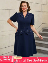 AOMEIDRESS Colorblock Trim Collar A Line Dress Short Sleeve 50s Style Navy / S