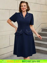 AOMEIDRESS Colorblock Trim Collar A Line Dress Short Sleeve 50s Style Navy / S