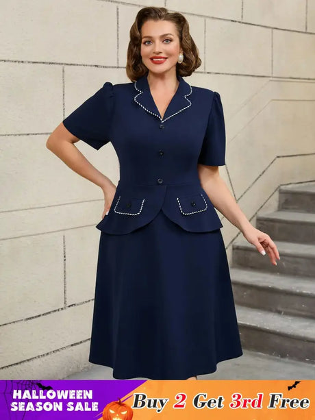 AOMEIDRESS Colorblock Trim Collar A Line Dress Short Sleeve 50s Style Navy / S