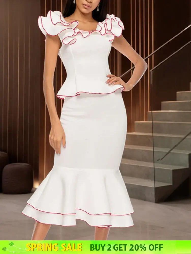 AOMEIDRESS Colorblock Two Piece Set Ruffles Top Mermaid Skirt White / S