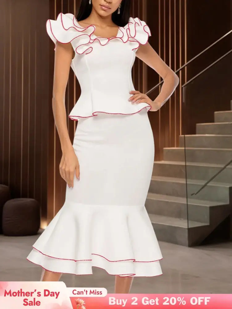 AOMEIDRESS Colorblock Two Piece Set Ruffles Top Mermaid Skirt White / S