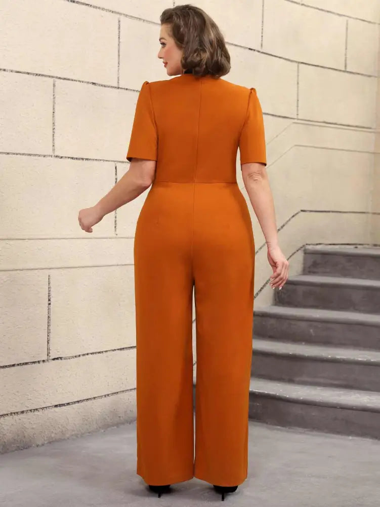AOMEIDRESS Colorblock Short Sleeve Wide Leg Romper V Neck Brown

