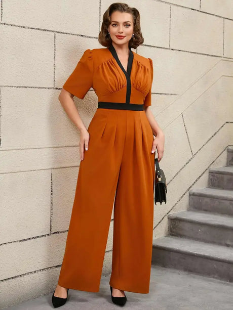 AOMEIDRESS V Neck Colorblock Short Sleeve Belted Jumpsuit Brown

