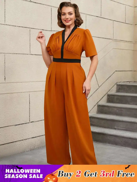 AOMEIDRESS Colorblock V Neck Short Sleeve Wide Leg Jumpsuit Brown
