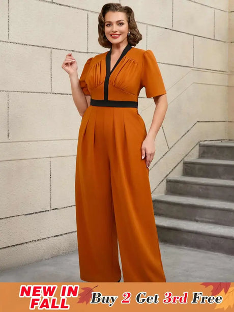 AOMEIDRESS Colorblock V Neck Short Sleeve Wide Leg Jumpsuit Brown
