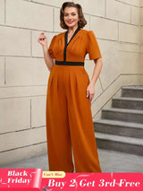 AOMEIDRESS Colorblock V Neck Short Sleeve Wide Leg Jumpsuit Brown
