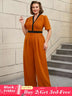 AOMEIDRESS Colorblock V Neck Short Sleeve Wide Leg Jumpsuit Brown
