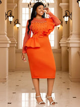 AOMEIDRESS Crew Neck Dress Sheer Long Sleeve Peplum Waist Midi