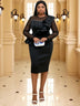 AOMEIDRESS Crew Neck Dress Sheer Long Sleeve Peplum Waist Midi Black / S