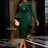 AOMEIDRESS Crew Neck Dress Sheer Long Sleeve Peplum Waist Midi DarkGreen / S