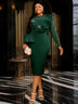 AOMEIDRESS Crew Neck Dress Sheer Long Sleeve Peplum Waist Midi DarkGreen / S