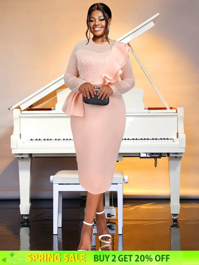 AOMEIDRESS Crew Neck Dress Sheer Long Sleeve Peplum Waist Midi Pink / S