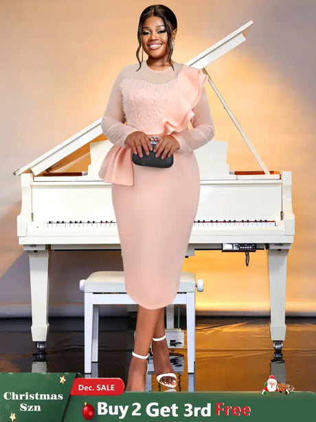 AOMEIDRESS Crew Neck Dress Sheer Long Sleeve Peplum Waist Midi Pink / S