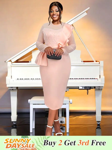 AOMEIDRESS Crew Neck Dress Sheer Long Sleeve Peplum Waist Midi Pink / S
